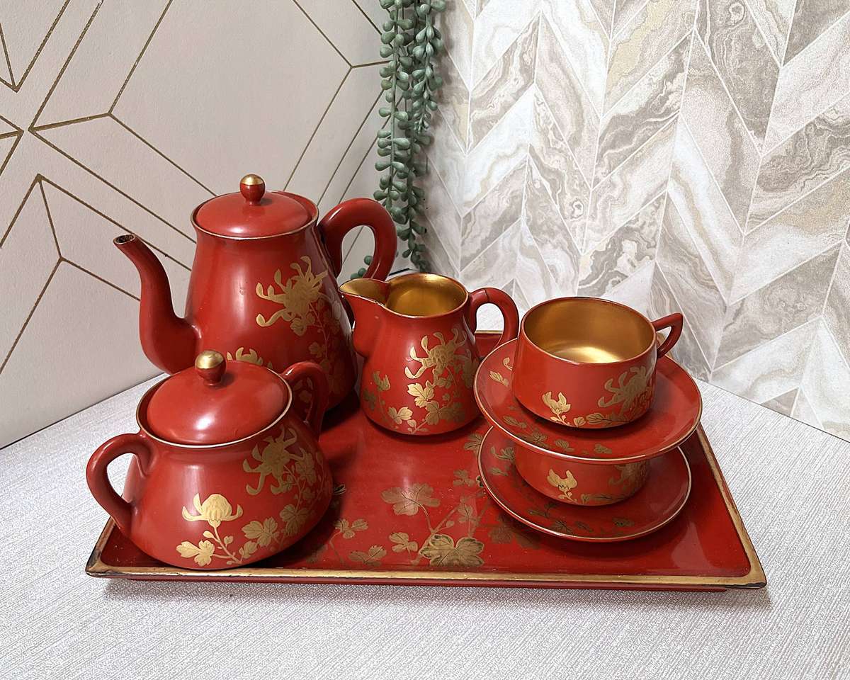 Vintage Japanese Red and Gold Lacquerware Tea Set