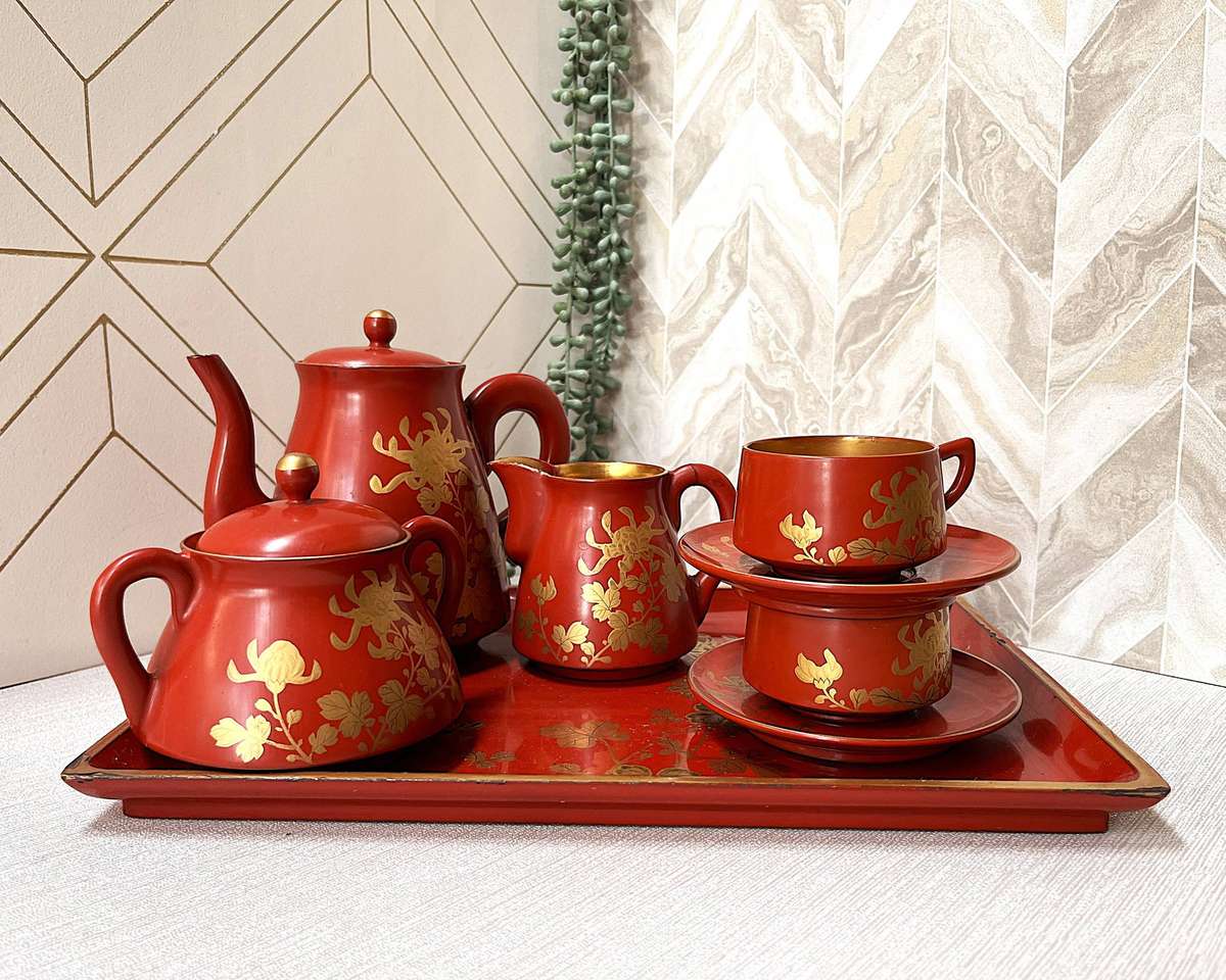 Vintage Japanese Red and Gold Lacquerware Tea Set