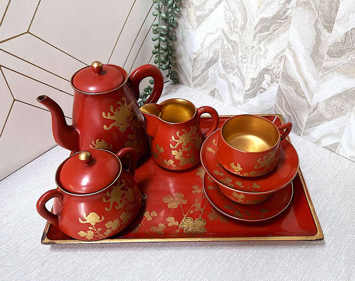 Vintage Japanese Red and Gold Lacquerware Tea Set