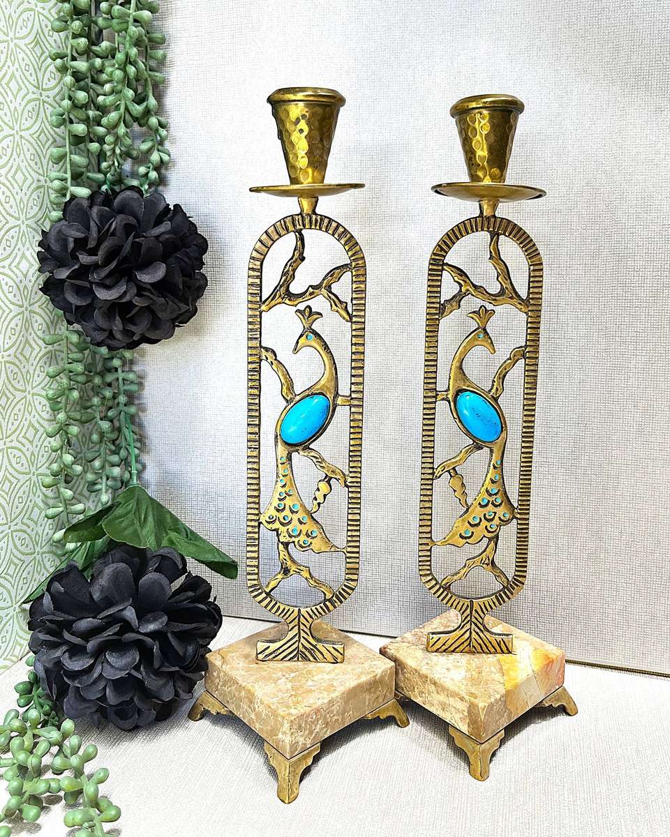 Lovely Pair of Vintage Brass and Marble Peacock Candlesticks