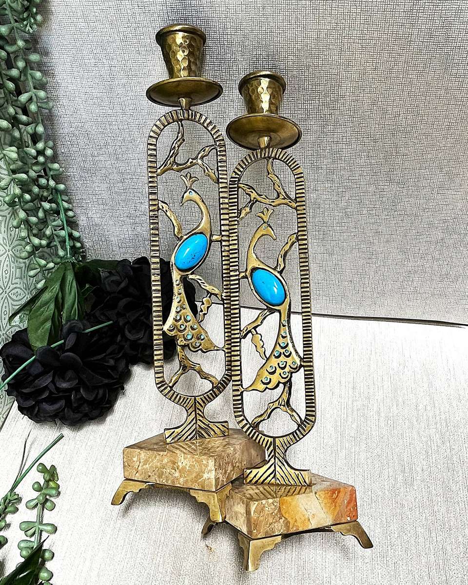 Lovely Pair of Vintage Brass and Marble Peacock Candlesticks