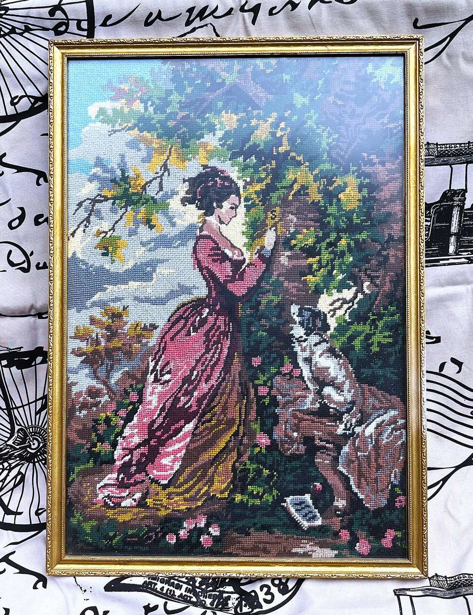 Framed Embroidery, titled The Souvenir or Le Chiffre d'Amour