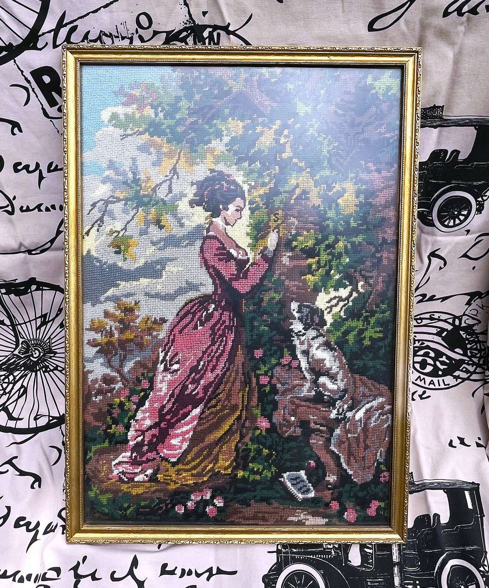 Framed Embroidery, titled The Souvenir or Le Chiffre d'Amour
