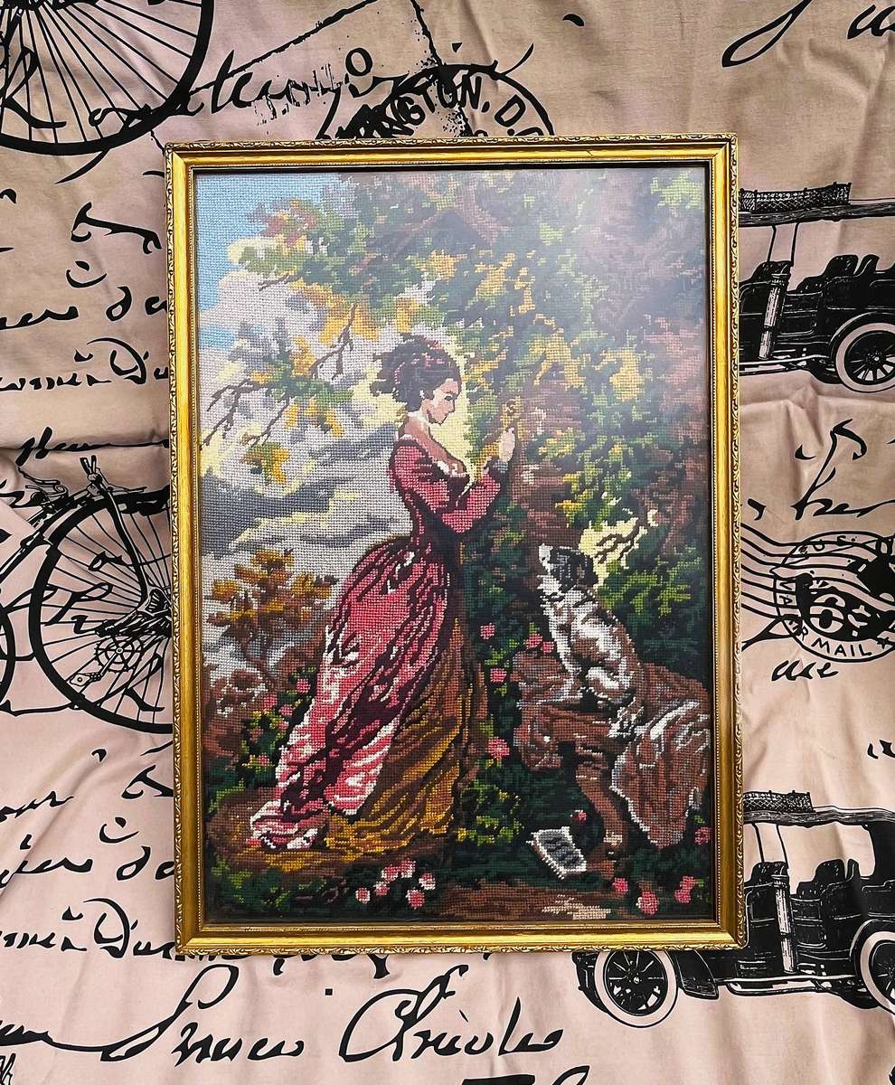 Framed Embroidery, titled The Souvenir or Le Chiffre d'Amour