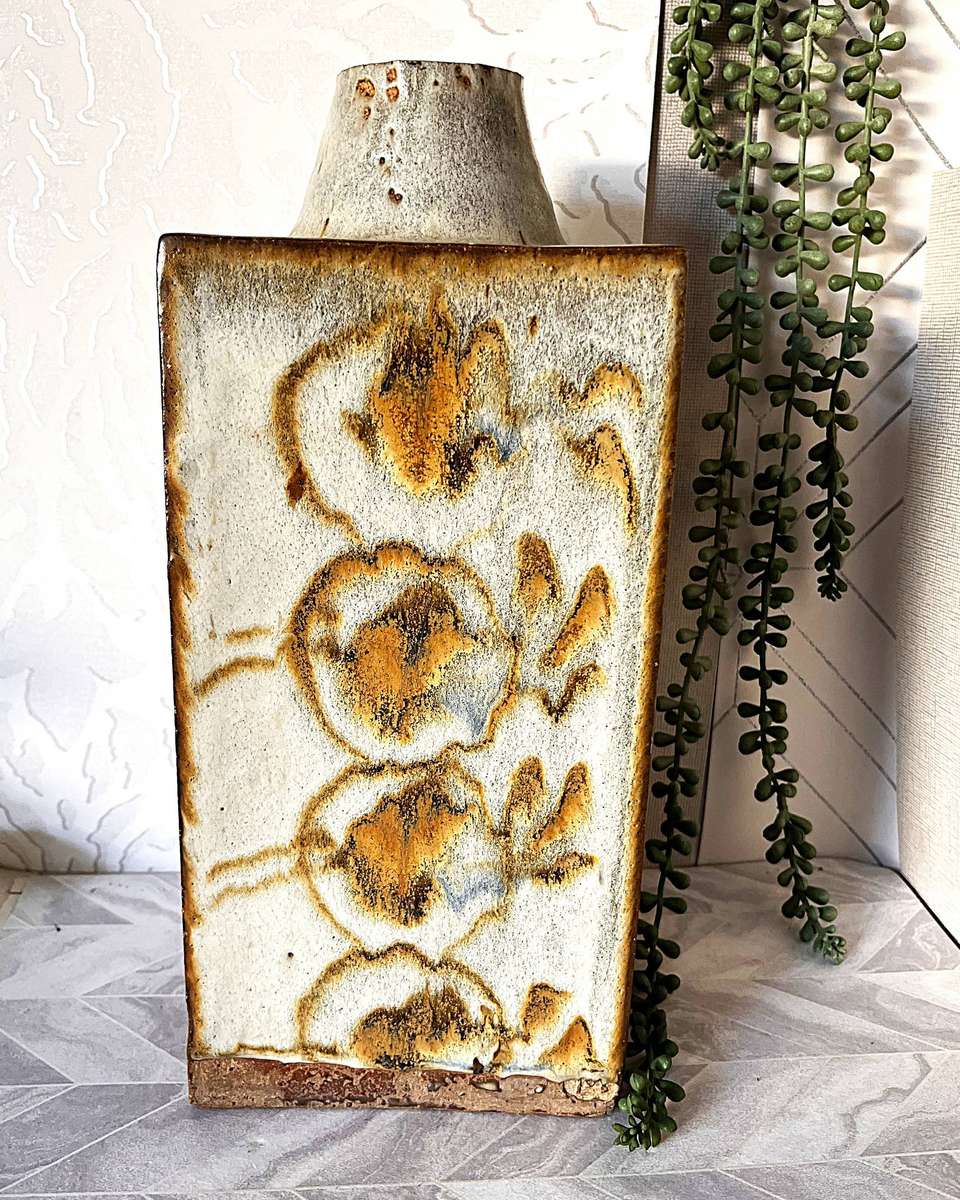 Vintage Tim Morris Signed Studio Pottery Slab Vase  Large 34cm Stoneware Square Bottle
