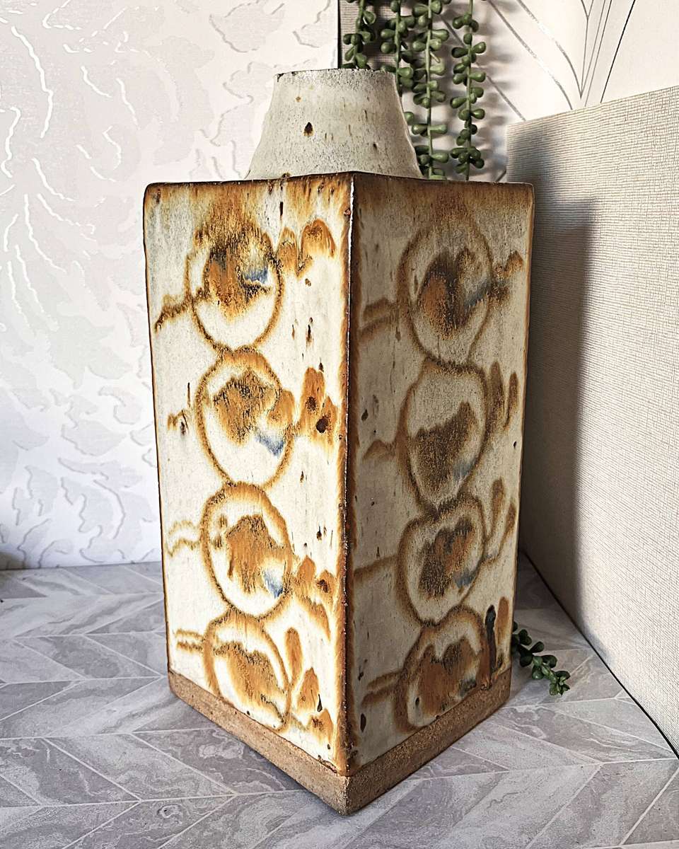 Vintage Tim Morris Signed Studio Pottery Slab Vase  Large 34cm Stoneware Square Bottle