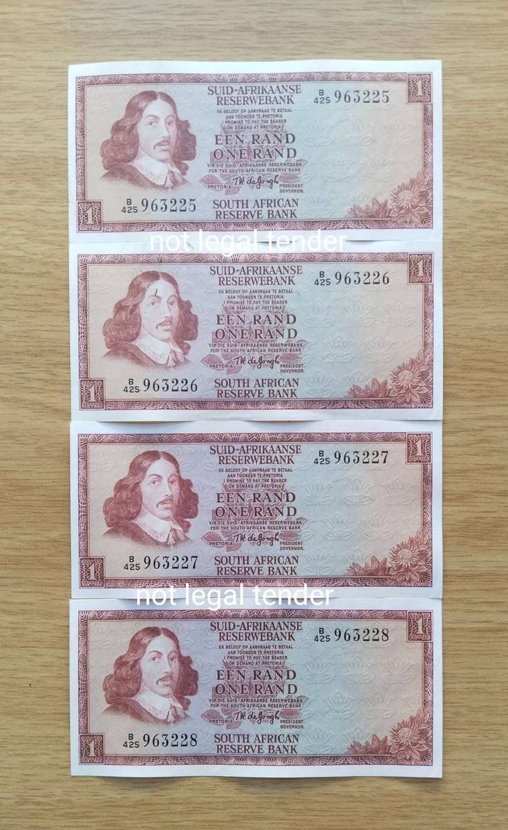 South Africa 4 Consecutive number de Jongh R1 bank notes. (225-228)