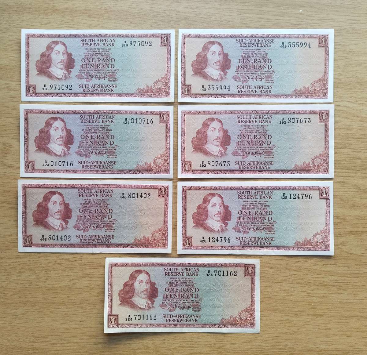 Collection of 7 good condition de Jongh R1 Bank Notes. One bid Takes all.
