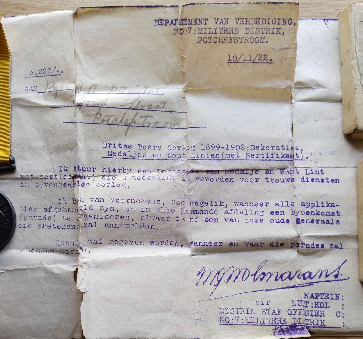 ZAR Boer War Medal With Paperwork Awarded to BURG A.H. POTGIETER. Nice Medal!!