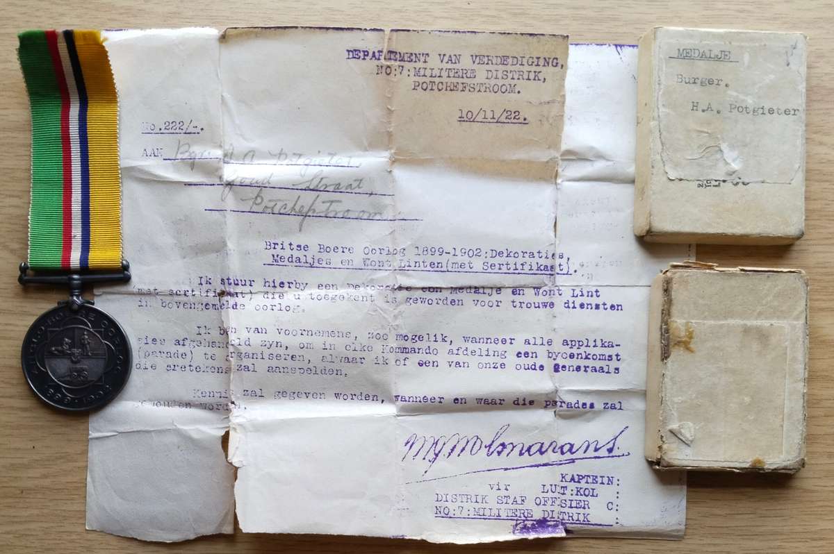 ZAR Boer War Medal With Paperwork Awarded to BURG A.H. POTGIETER. Nice Medal!!