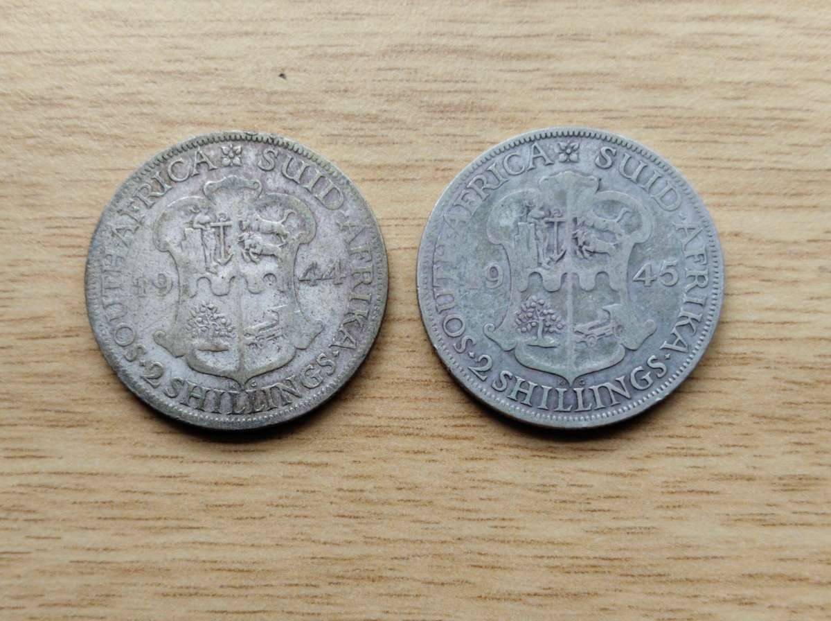 South Africa 1944 and 1945 Silver Two shillings.
