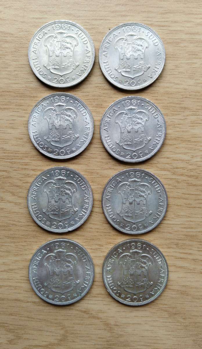South Africa collection of 8 X 1961 Silver twenty cents. One bid takes all.
