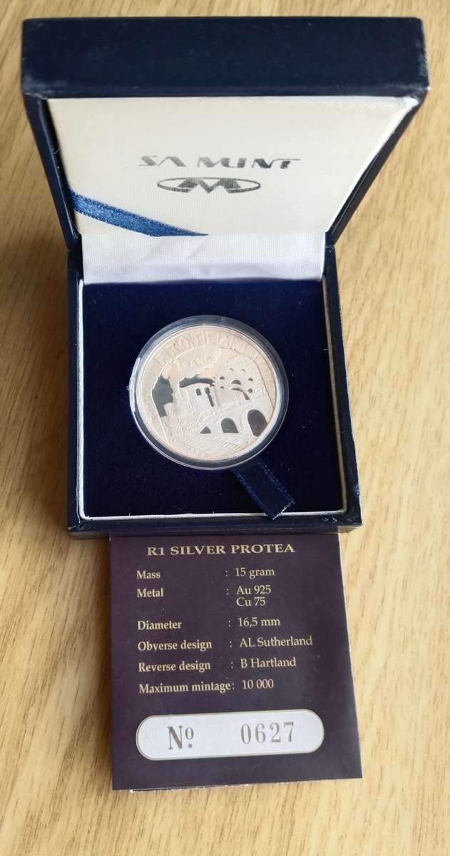 South Africa 1995 Silver Proof Railway Protea one Rand. Low number.