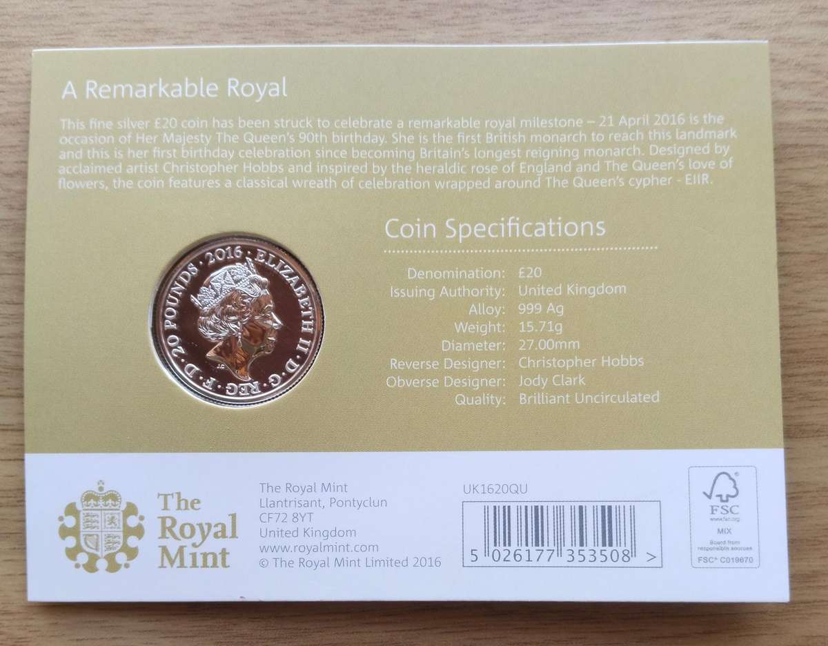 Great Britain 2016 Fine Silver Queen Elizabeth II 90th birthday 20 Pound Coin.