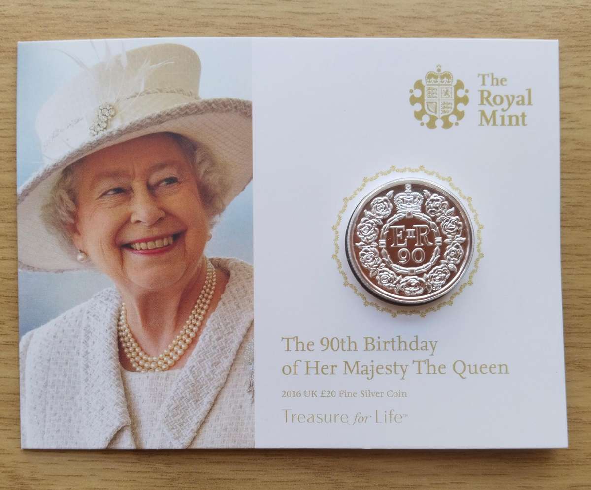 Great Britain 2016 Fine Silver Queen Elizabeth II 90th birthday 20 Pound Coin.