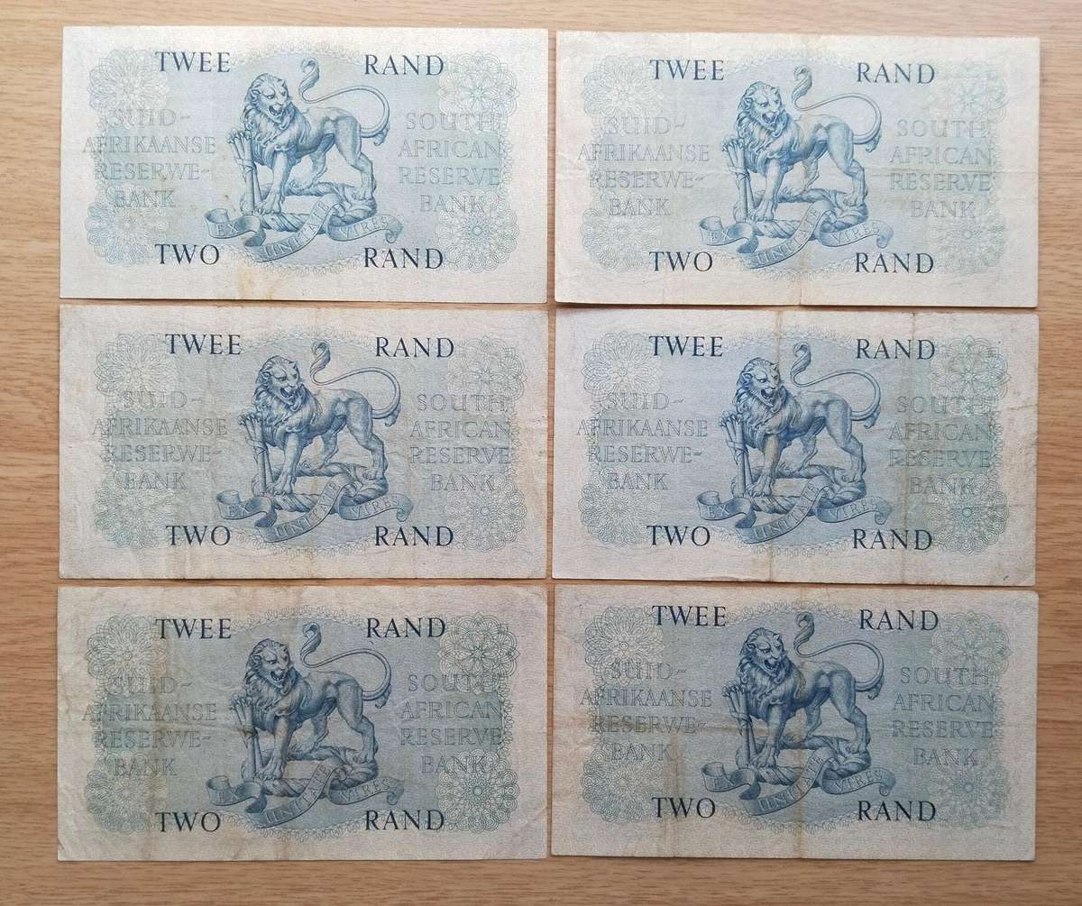 South Africa M.H. de Kock collection of 6 old Two Rand Bank Notes. One bid takes all.