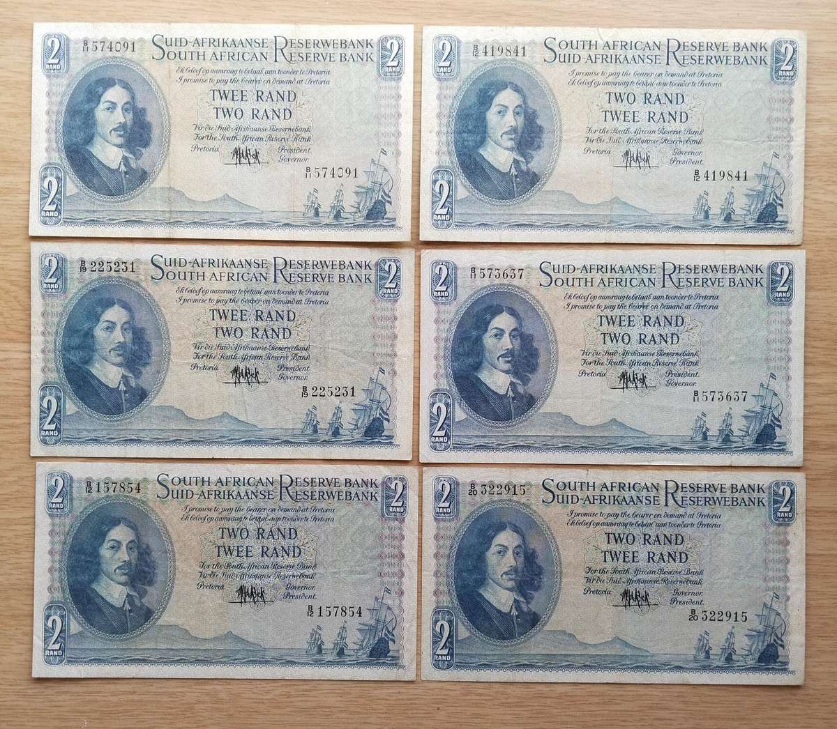 South Africa M.H. de Kock collection of 6 old Two Rand Bank Notes. One bid takes all.