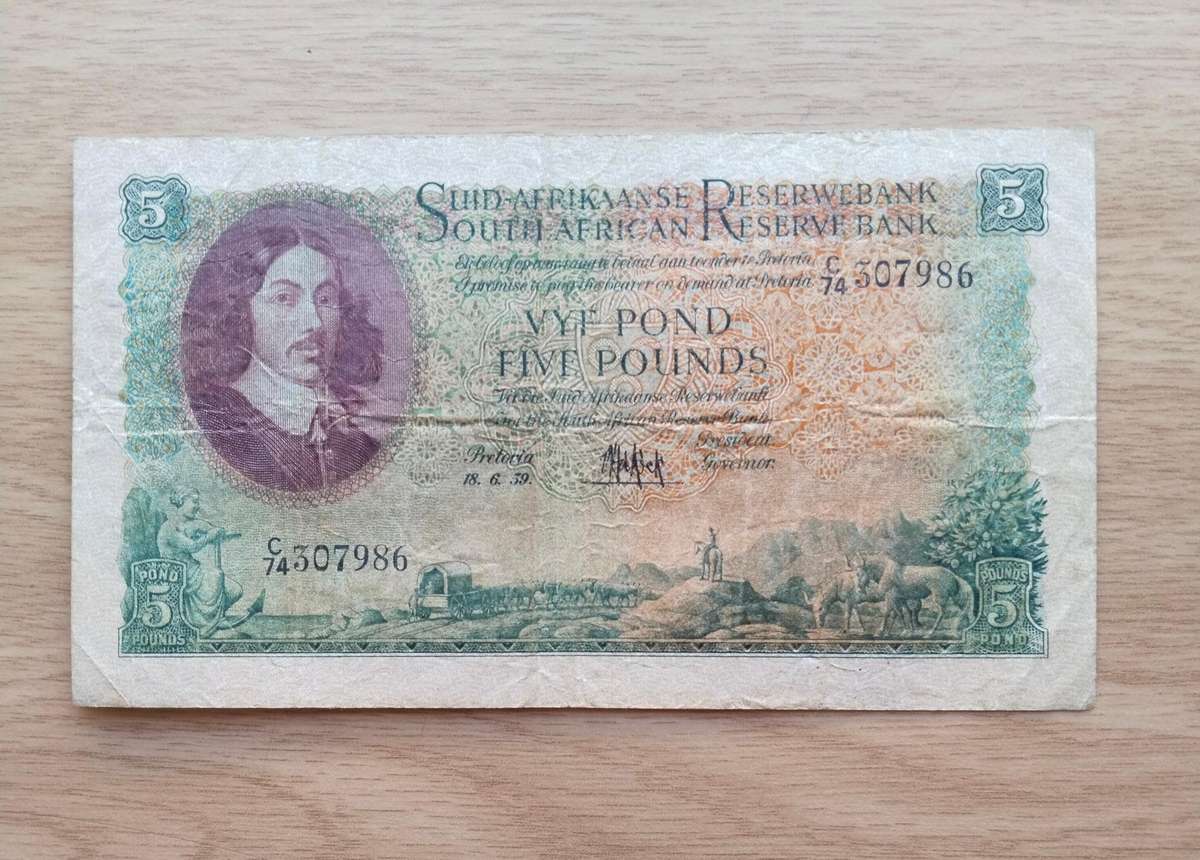 South Africa M.H. de Kock 18.6.59 vyf Pond Bank Note. (986)