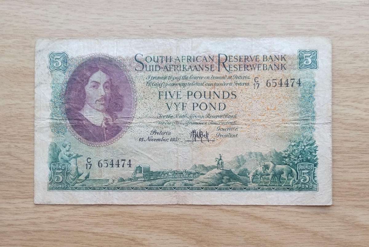 South Africa M.H. de Kock 15 November 1951 Five Pound Bank Note. (474)