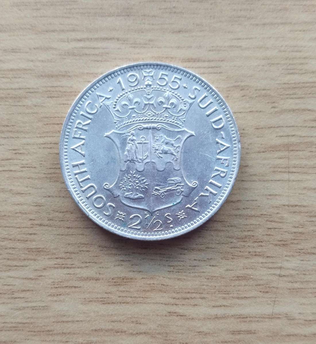 South Africa 1955 Silver Half Crown. Good condition.