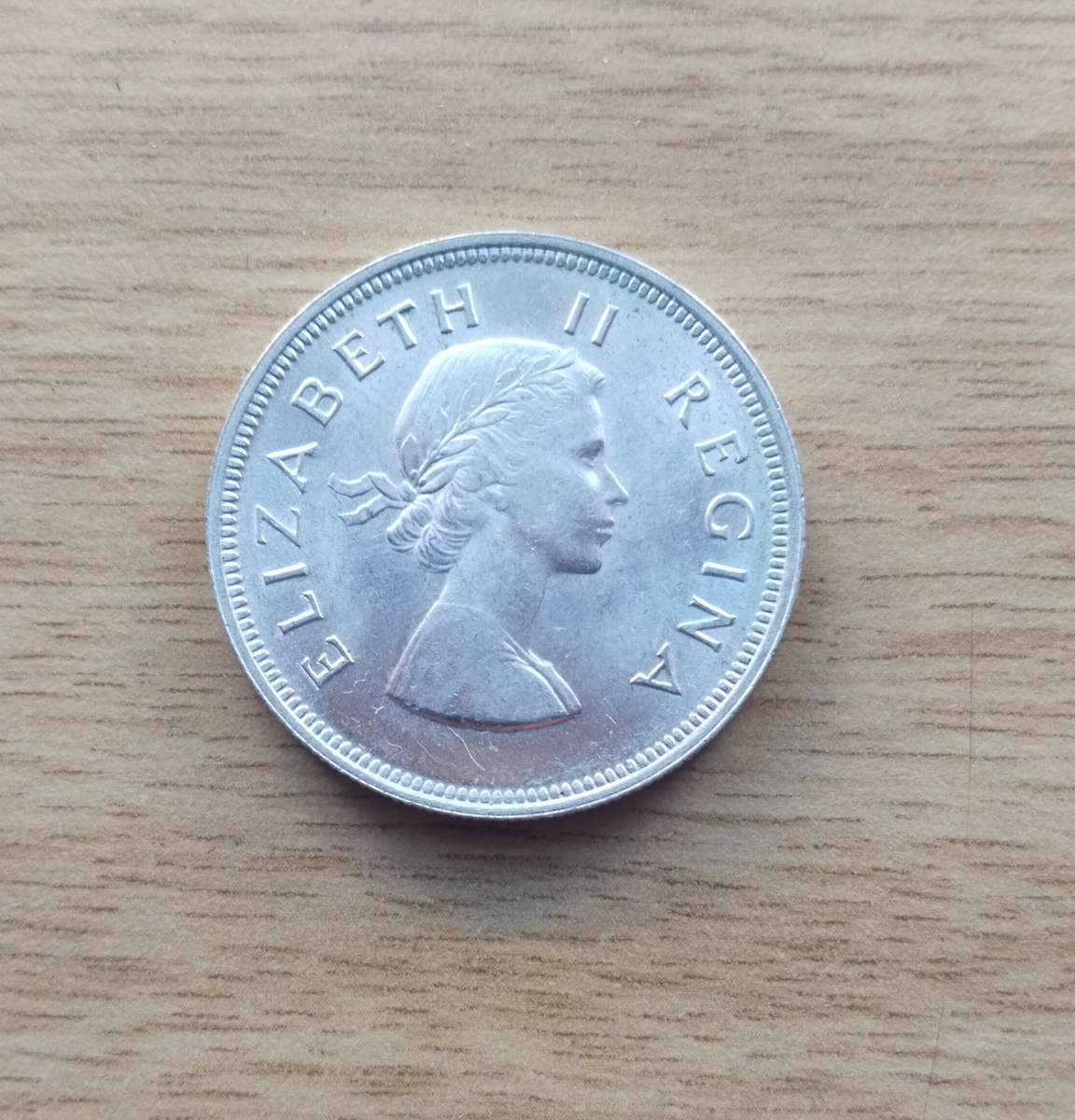 South Africa 1955 Silver Half Crown. Good condition.