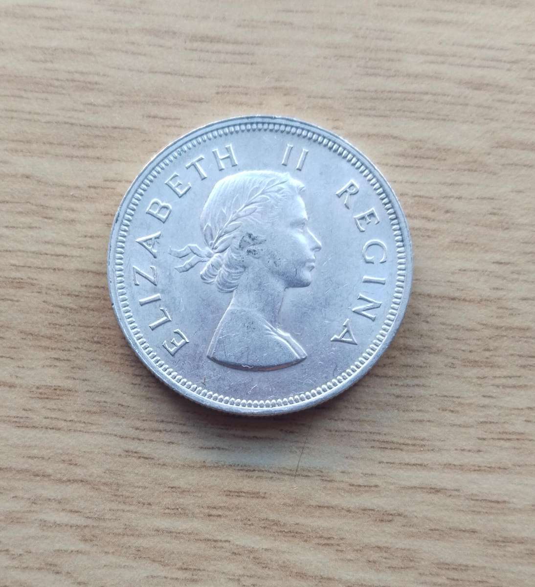 South Africa 1955 Silver Half Crown. Good condition.