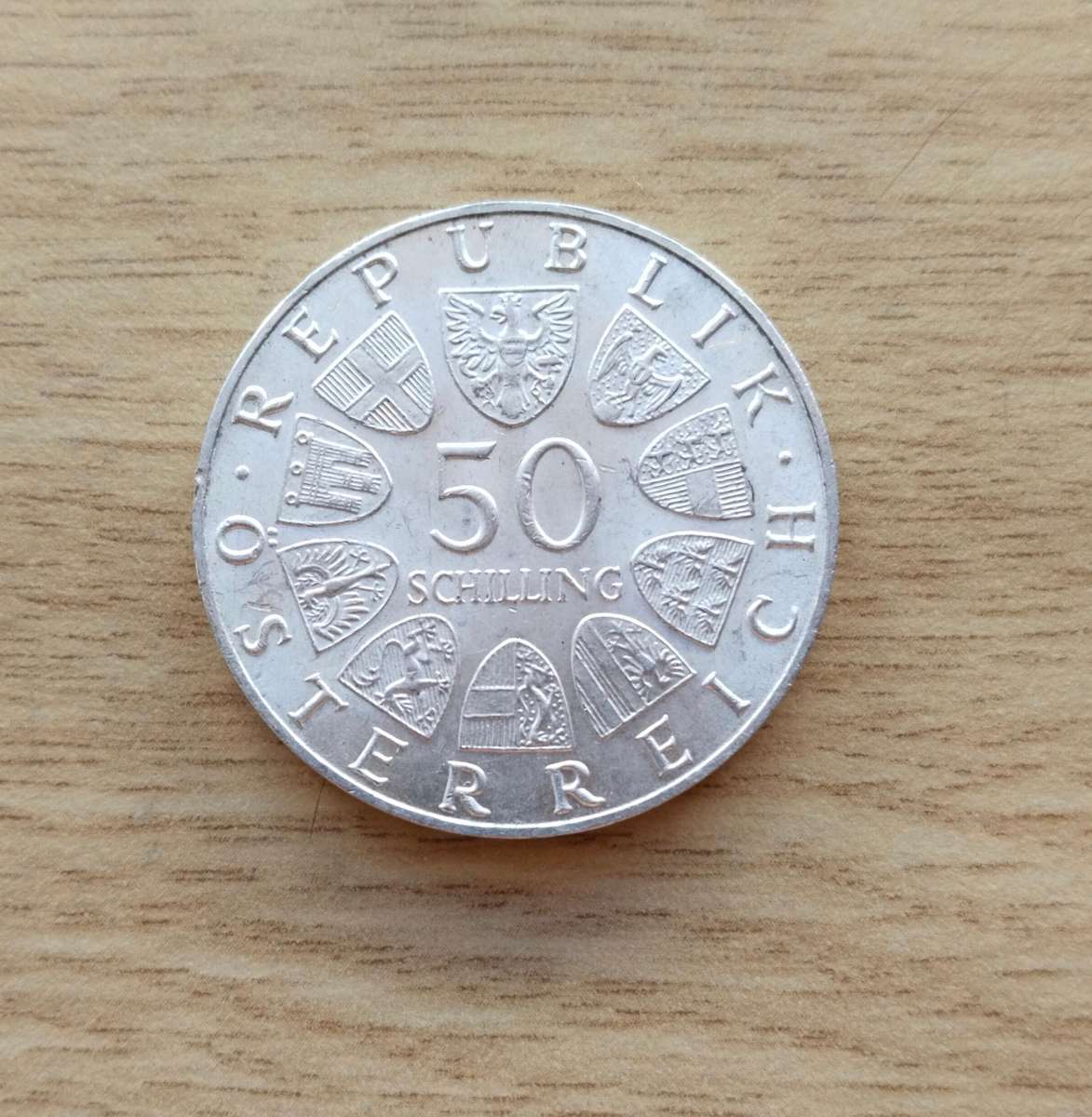 Austria 1968 Silver parliament 50 Shillings.  20 grams. 90% Silver.