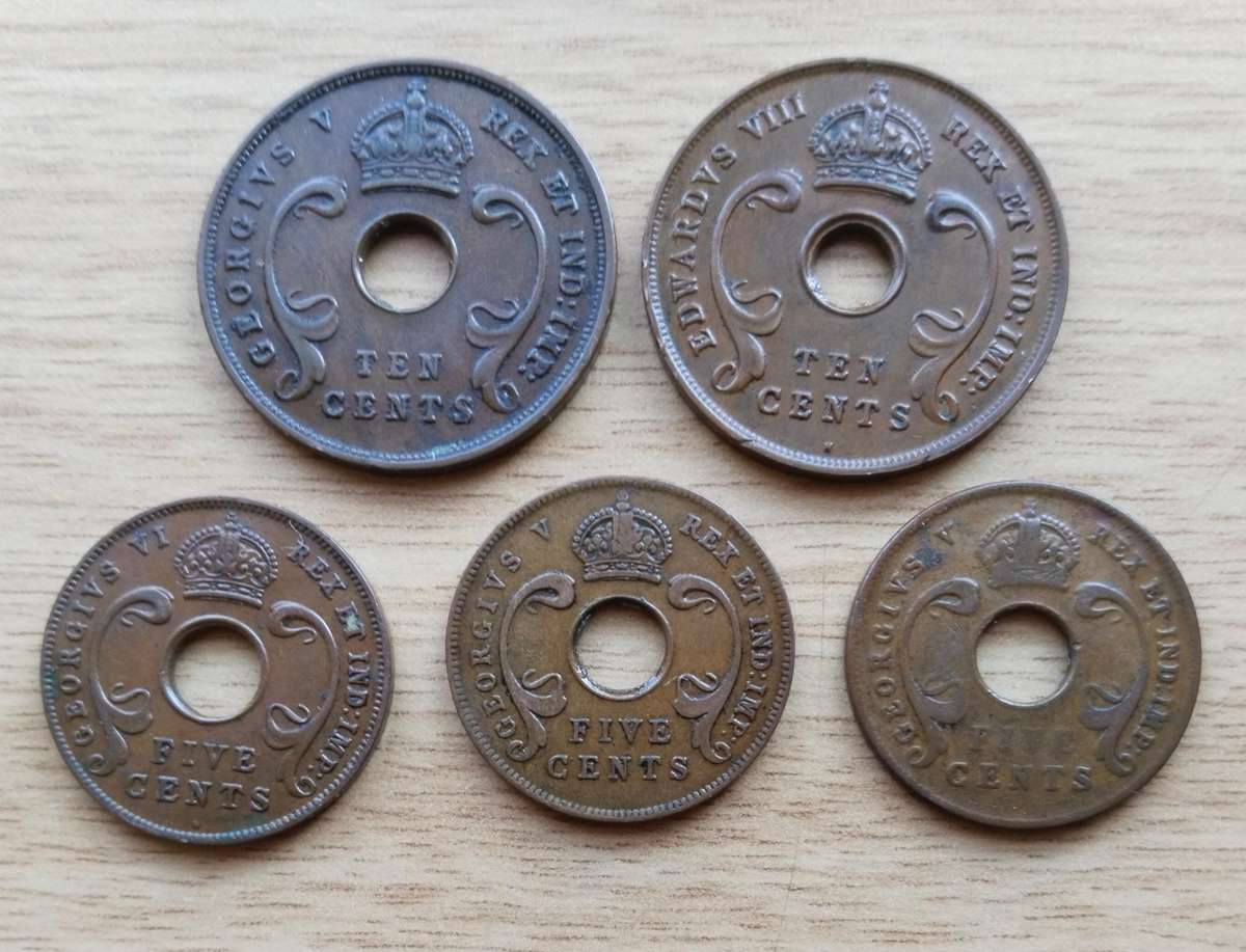 East Africa collection of 5 old coins.