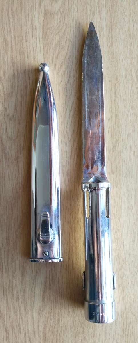 SANDF Silver Colour Old R1 Rifle Bayonet With Scabbard. No. 266095