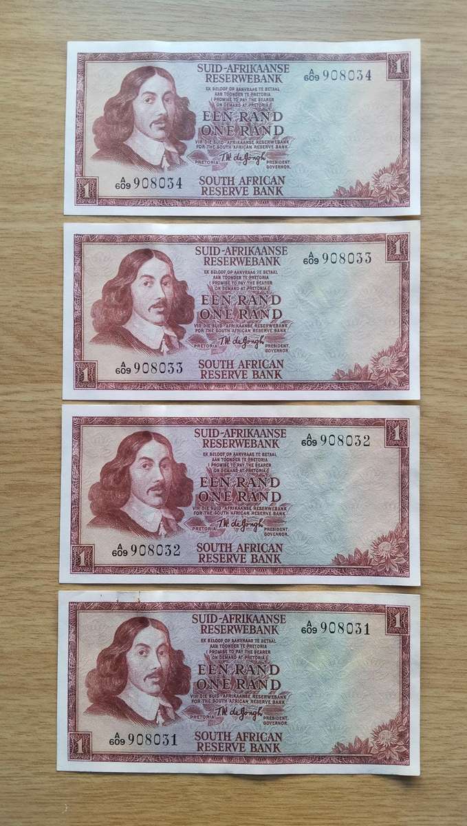 South Africa de Jongh 4 Consecutive number R1 Bank Notes. (031-034)