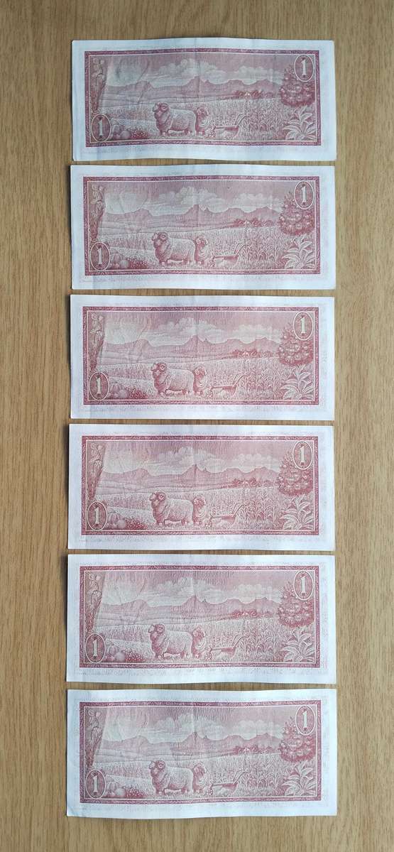 South Africa de Jongh 6 consecutive number R2 Bank Notes. (434-439)
