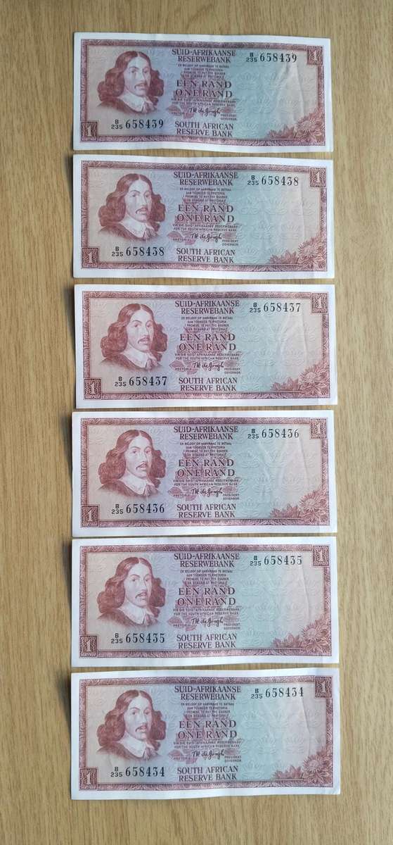 South Africa de Jongh 6 consecutive number R2 Bank Notes. (434-439)