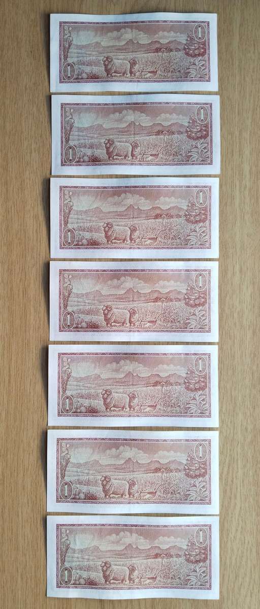 South Africa de Jongh 7 consecutive number R2 Bank Notes. (522-528)
