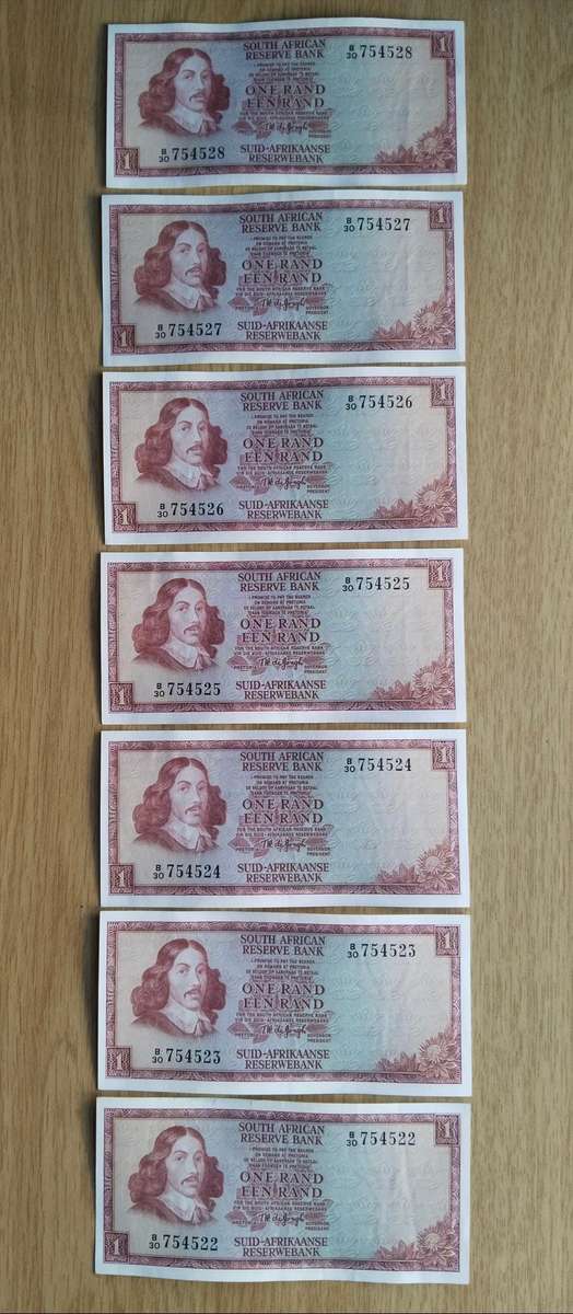 South Africa de Jongh 7 consecutive number R2 Bank Notes. (522-528)