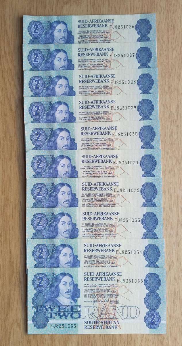 South Africa de Kock 10 Consecutive number R2 Bank Notes. (026-035)