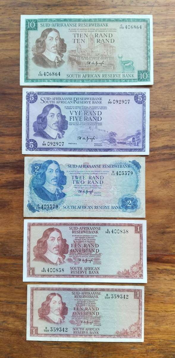 South Africa de Jongh set Bank Notes. (5 notes)