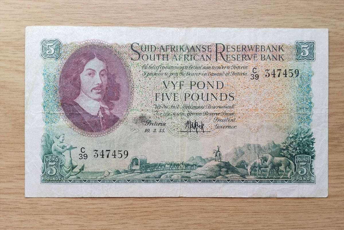 South African M.H. de Kock 10.3.55 old Vyf Pond Bank Note. Good Condition. (459)
