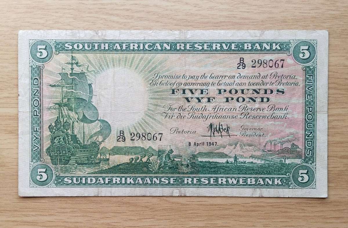 South African M.H. de Kock 8 April 1947 Old Five Pounds Bank Note. (067)