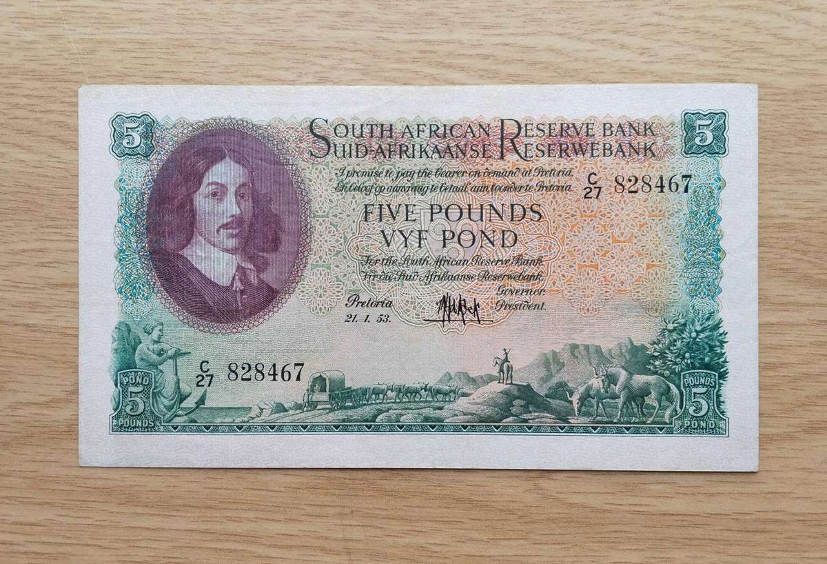 South African M.H. de Kock 21.1.53 Old Five Pounds Bank Note. Good Condition. (467)