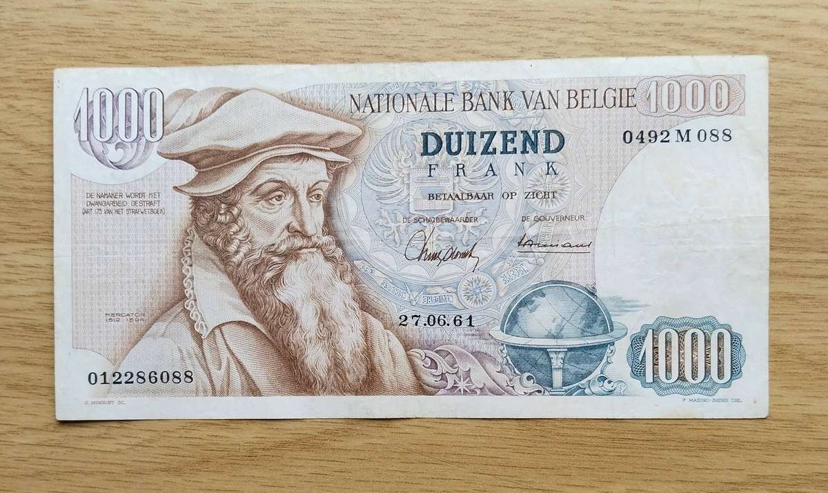 Belgium 1961 Old 1000 Frank Bank Note.