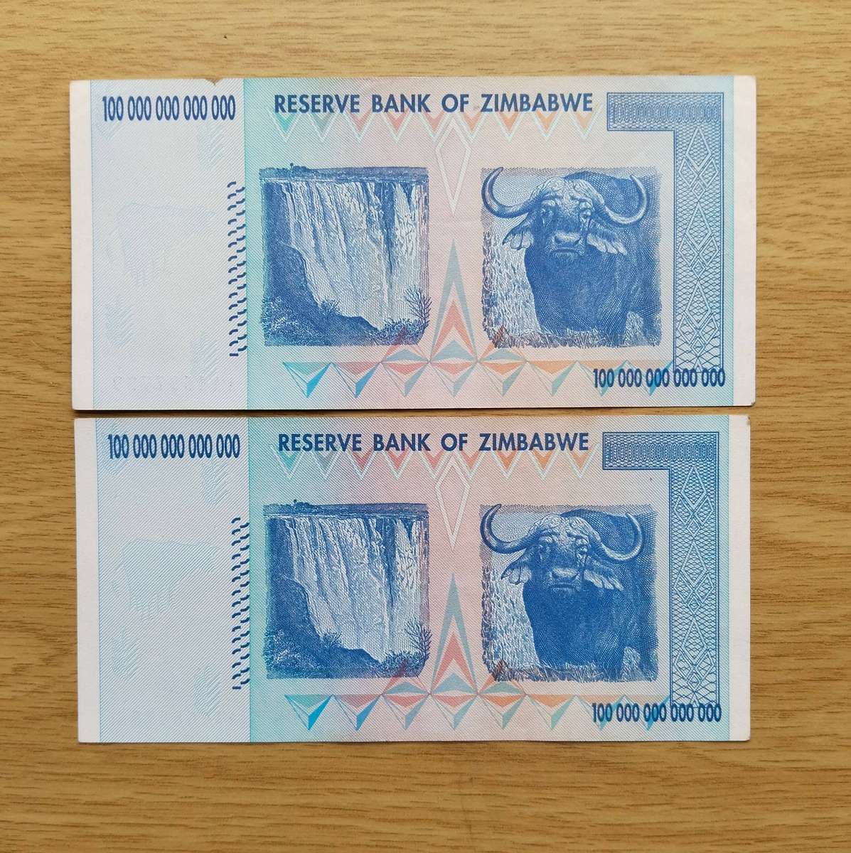 Zimbabwe 2 Consecutive number One Hundred Trillion Dollars Bank Notes. Rare.