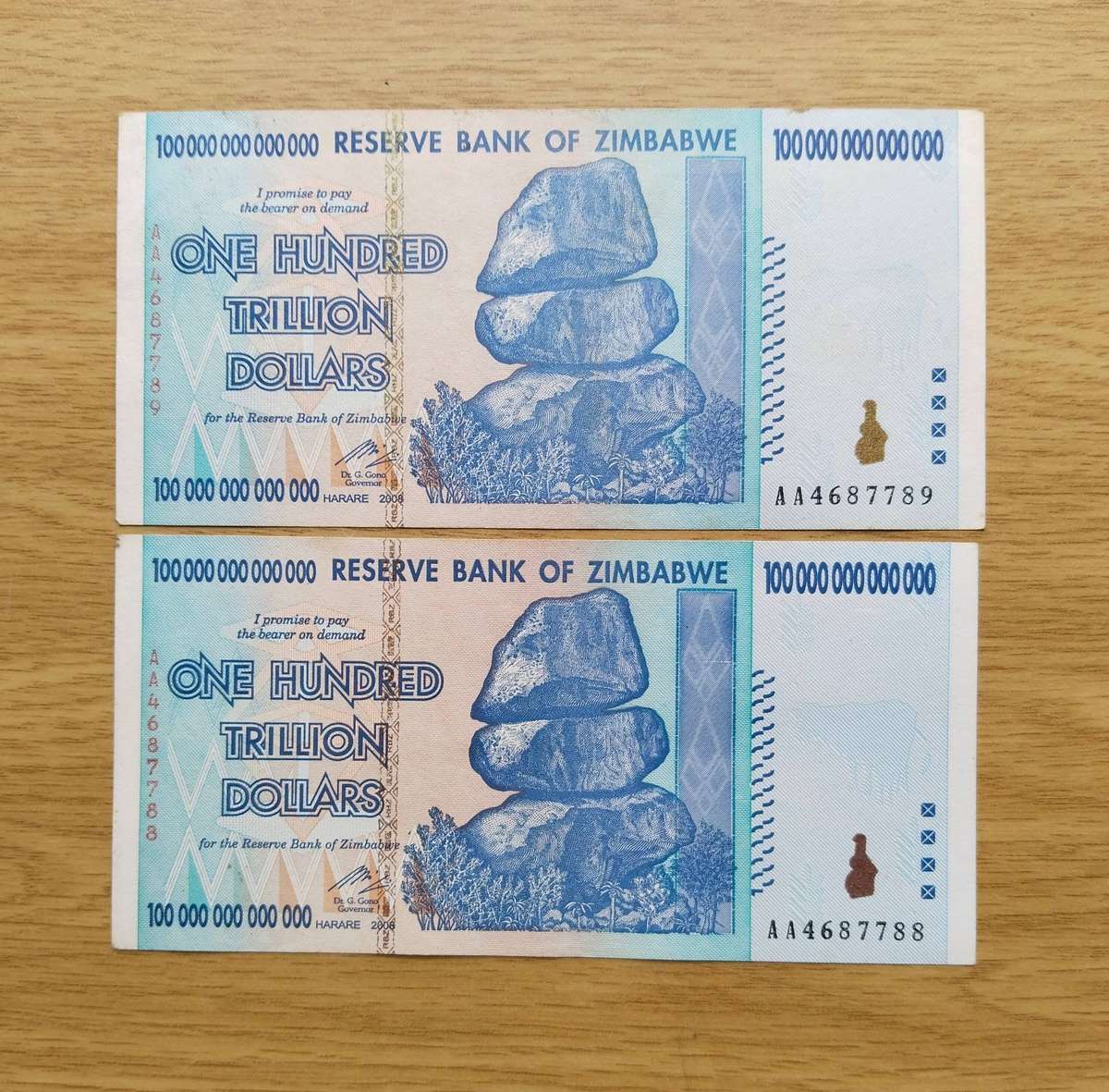 Zimbabwe 2 Consecutive number One Hundred Trillion Dollars Bank Notes. Rare.