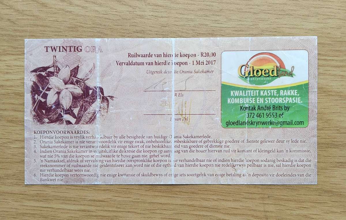 South African Oranja 20 Ora Bank Note.