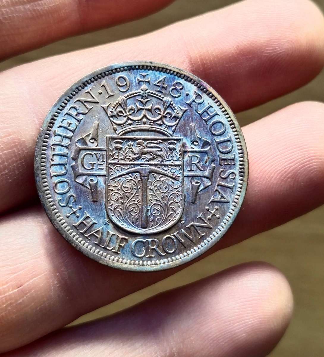 Southern Rhodesia 1948 Half Crown. Beautiful Toning!!