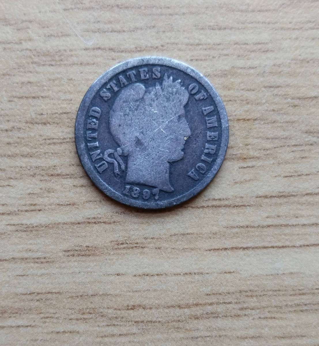 America 1897 Silver One Barber Dime. 2.23 grams. 90% Silver.