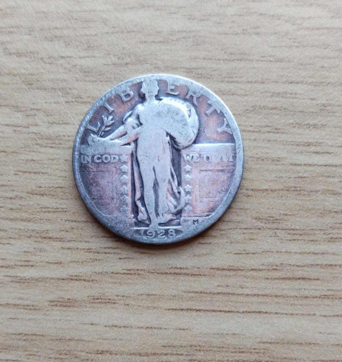 America 1928 Standing Liberty Silver Quarter Dollar. 5.88 Grams. 90% Silver.