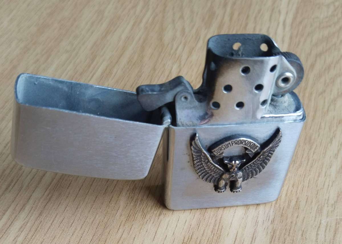 2 Squadron SAAF Pinback Badge Worn in Korea On Zippo Lighter.