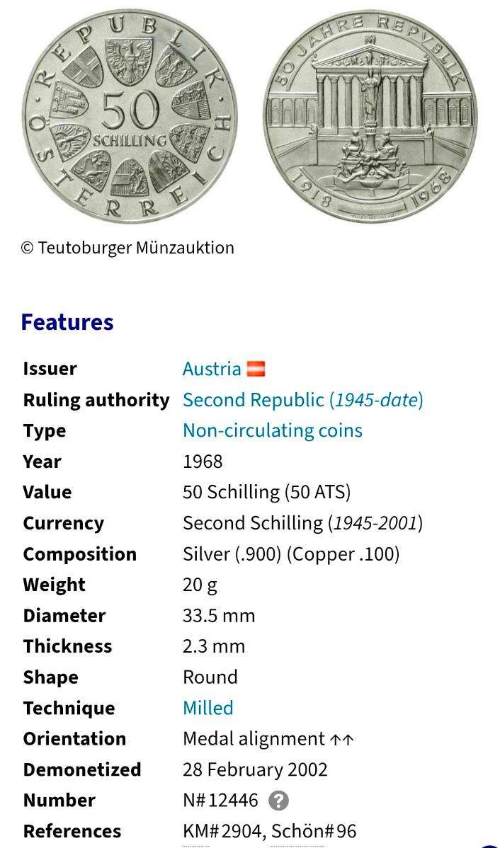Austria 1968 Silver parliament 50 Shillings.  20 grams. 90% Silver.