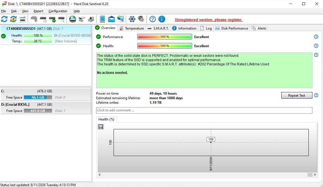 Crucial BX500 480GB SSD-100% Health (49 Days Use) With Box