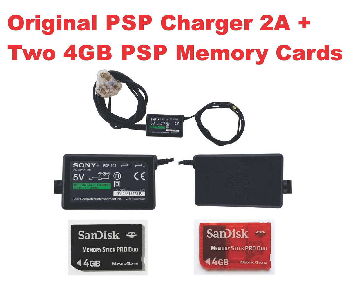 Original Sony PSP Charger (2A) + 2x 4GB SanDisk Memory Stick Pro Duo Bundle